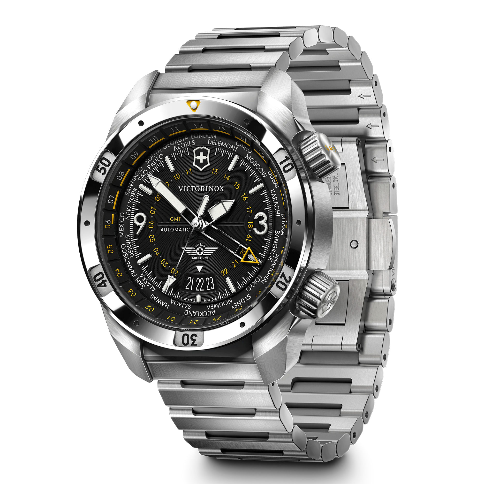 RELÓGIO VICTORINOX AIR PRO AUTOMÁTICO PRETO COM PULSEIRA EM AÇO